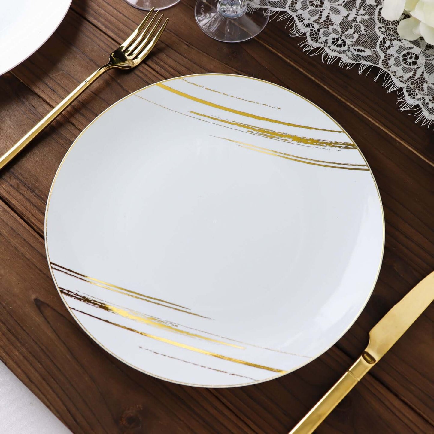 10-Pack Plastic 10" Round Dinner Plates in White with Gold Brush Stroked Print - Disposable Party Dinnerware for Modern Themed Events & Banquets