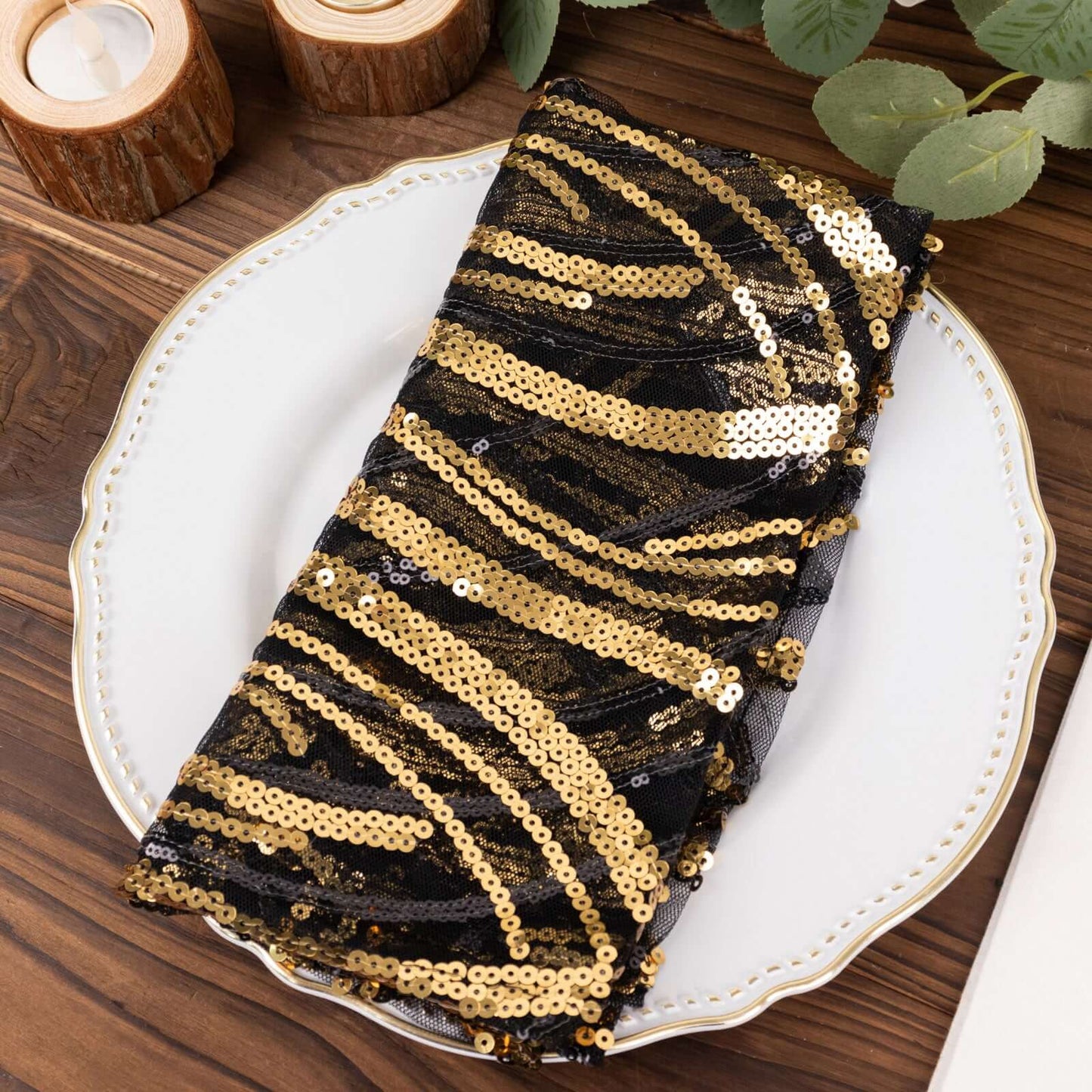 Sequin Mesh 20"x20" Napkin Black Gold - Wave Embroidered Reusable Napkin