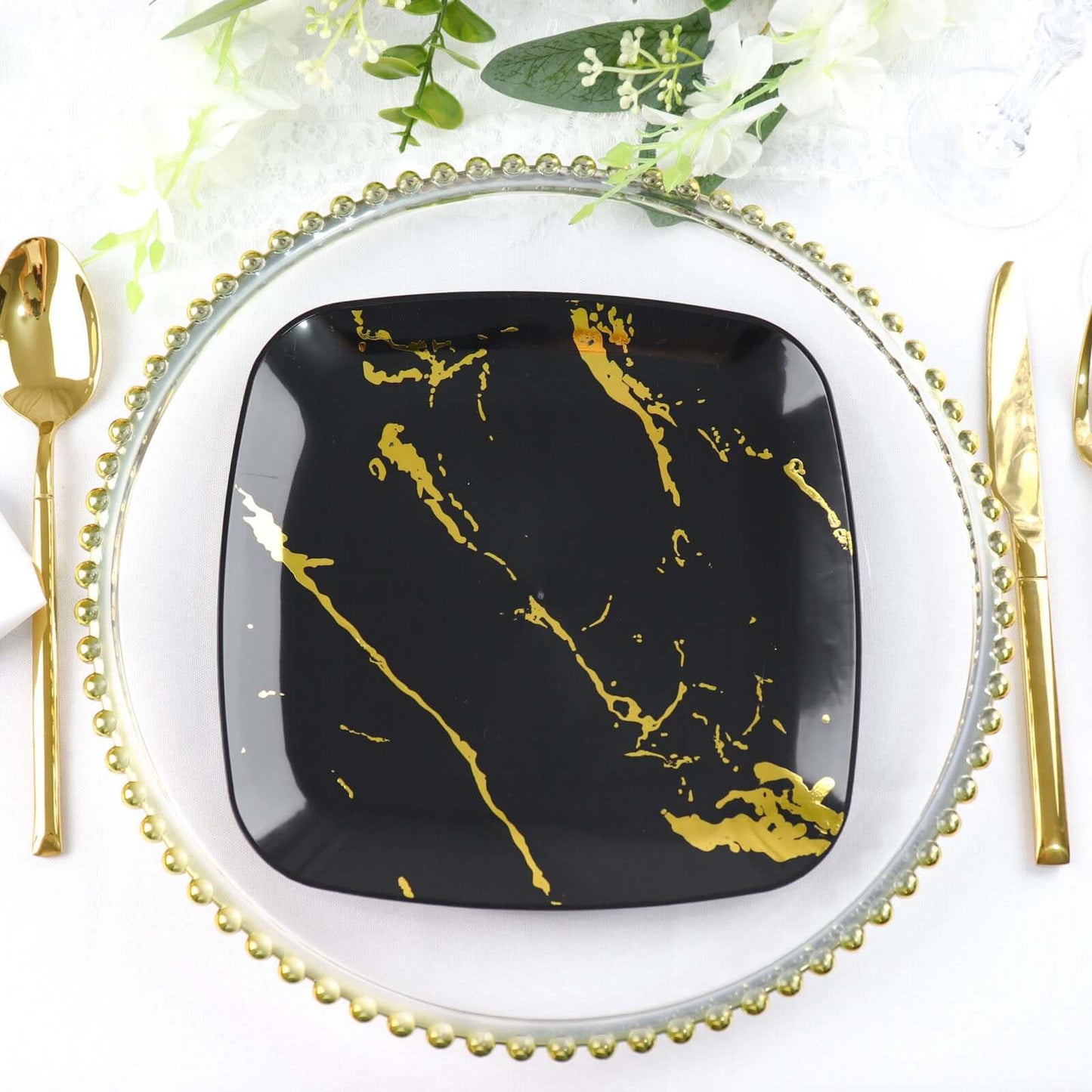 10-Pack Plastic 8" Square Dessert Plates in Black with Gold Marble Design - Disposable Appetizer Salad Party Plates