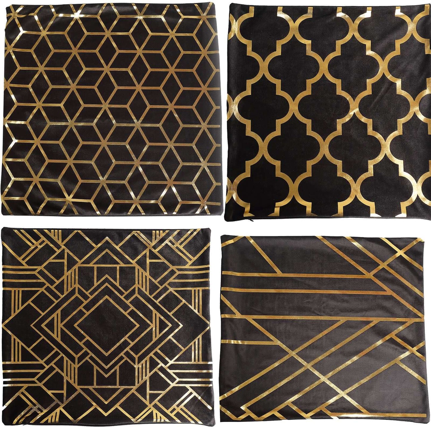 Set Of 4 18" Black Gold Foil Geometric Print Throw Pillow Covers, Velvet Square Sofa Cushion Covers