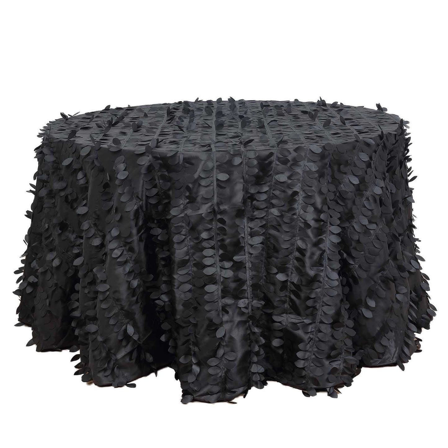 Taffeta 120" Round Tablecloth Black | 3D Leaf Petal Design Seamless Table Cover