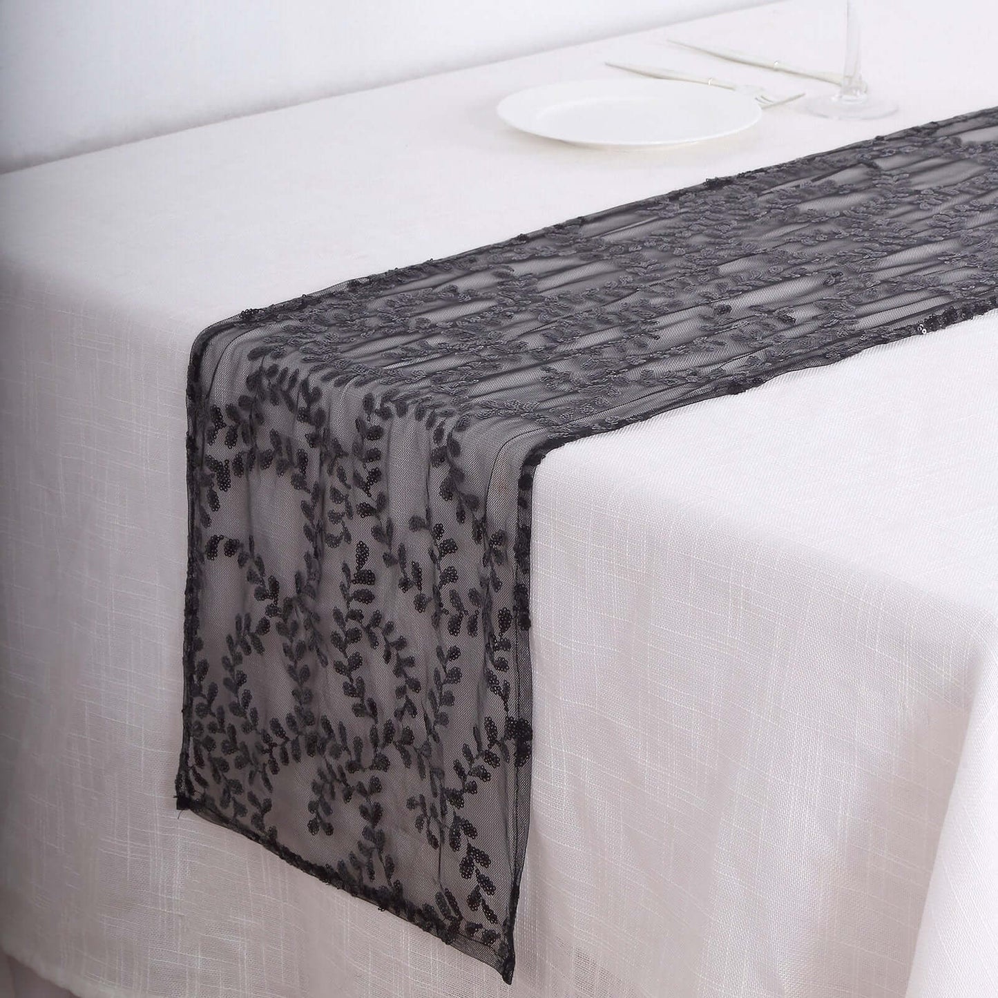 Mesh 12"x108" Table Runner Black - Leaf Vine Embroidery