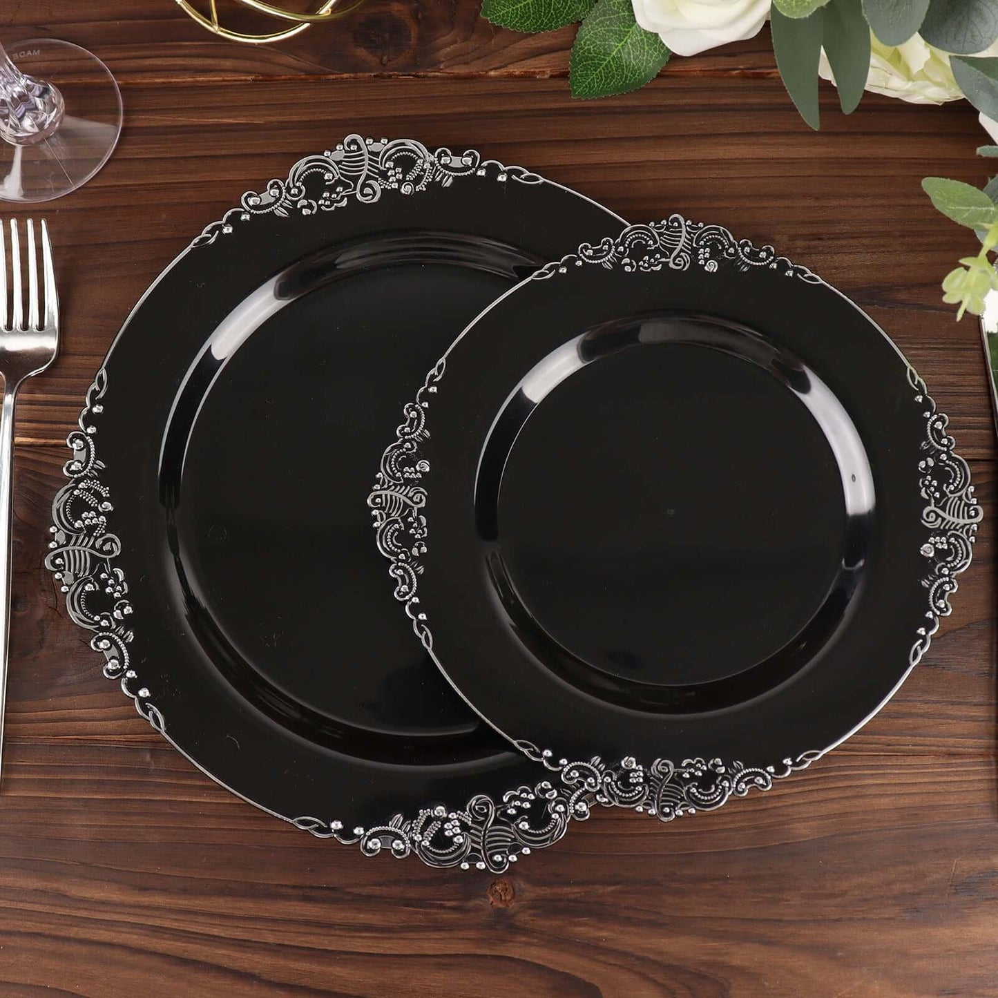 10-Pack Plastic 8" Round Dessert Plates in Black with Silver Leaf Embossed Rim - Disposable Vintage Baroque Style Salad Plates