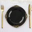 10-Pack Plastic 8" Round Dessert Plates in Black with Gold Leaf Embossed Rim - Disposable Vintage Baroque Style Salad Plates