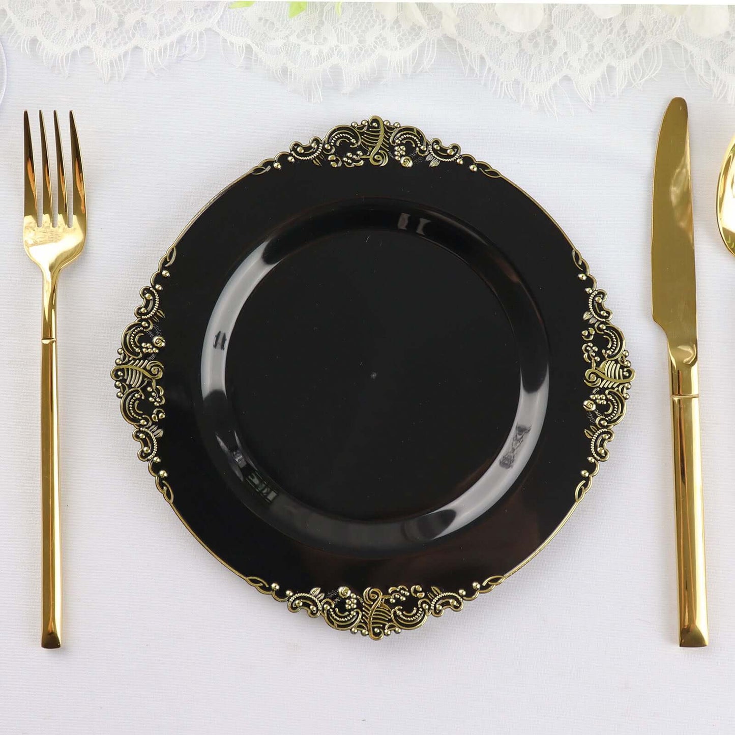 10-Pack Plastic 8" Round Dessert Plates in Black with Gold Leaf Embossed Rim - Disposable Vintage Baroque Style Salad Plates