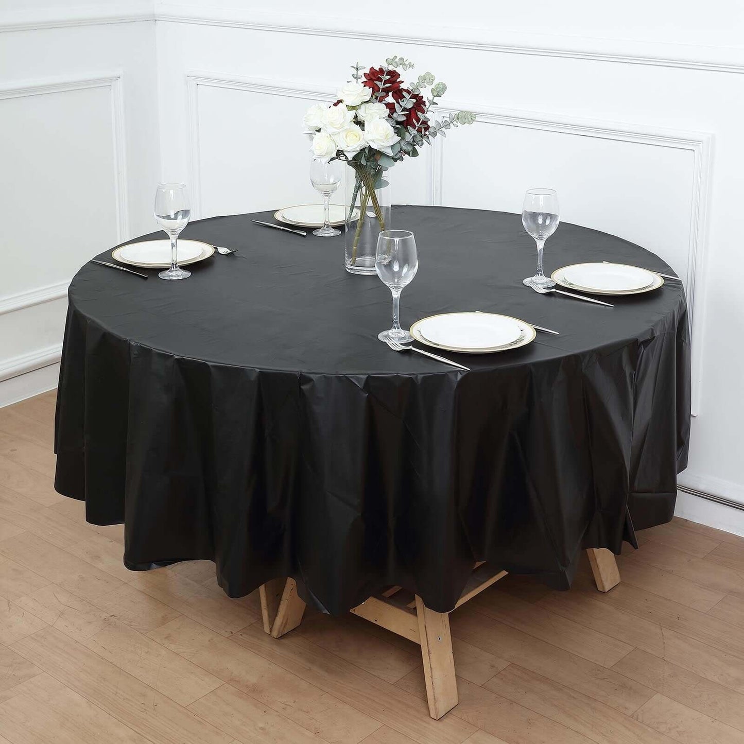 5-Pack Plastic Table Covers Black Round - Durable PVC Disposable Tablecloths for Events 84"