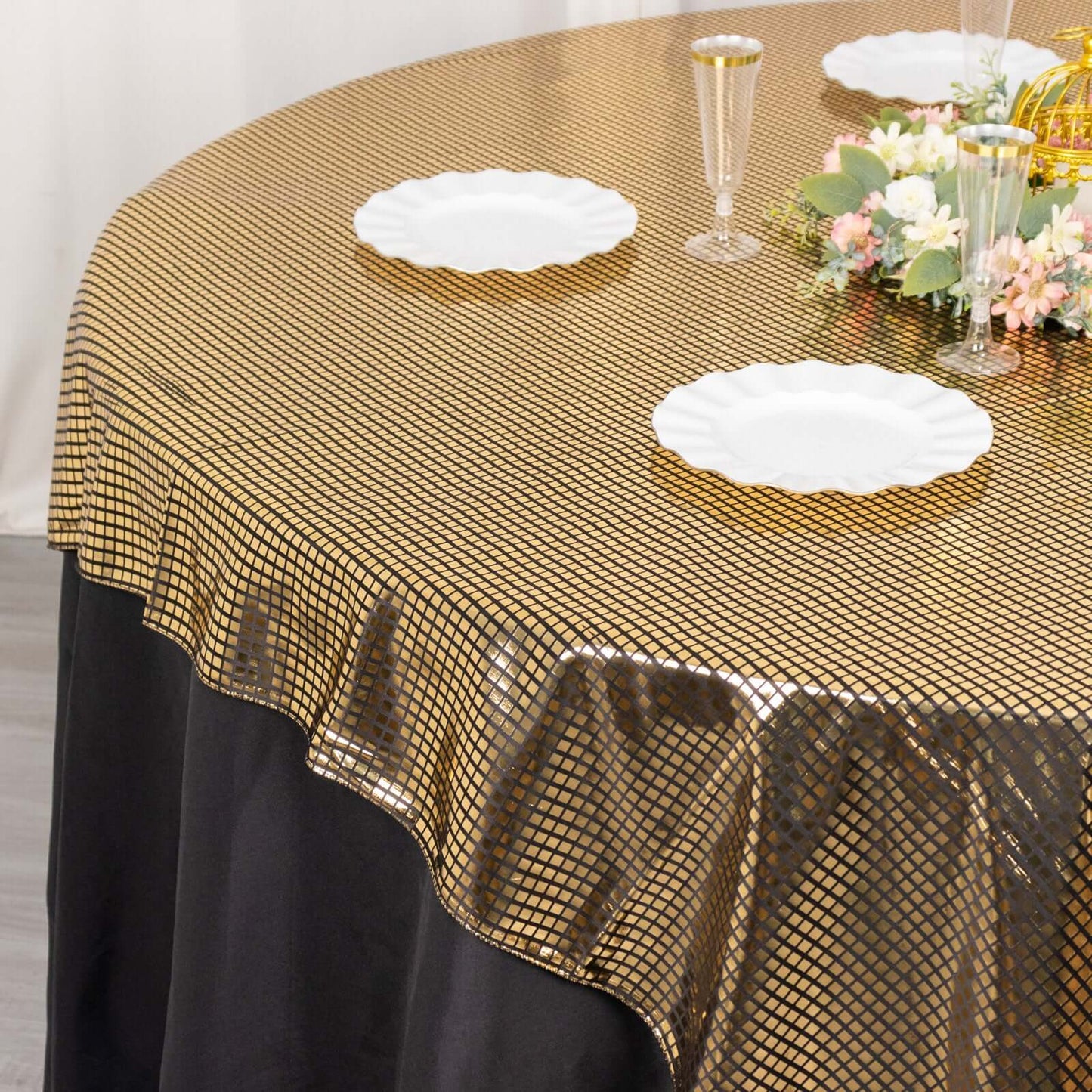 Polyester 72"x72" Table Overlay Square Tablecloth Black - Gold Foil Disco Mirror Ball Design for Stylish Celebrations