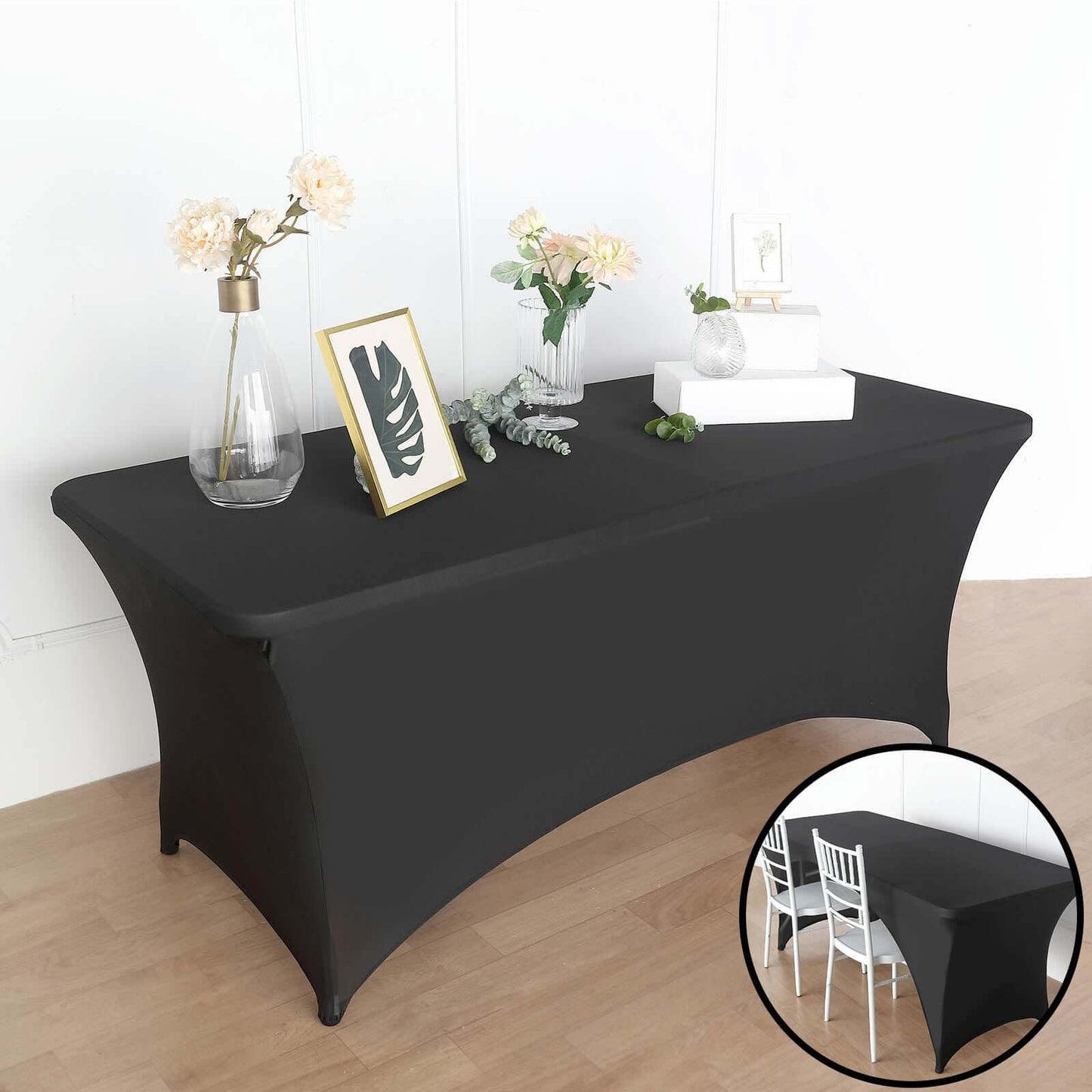 Stretch Spandex 72"x30" Rectangular Table Cover Black with Curved Open Back Design Tailored Professional Look