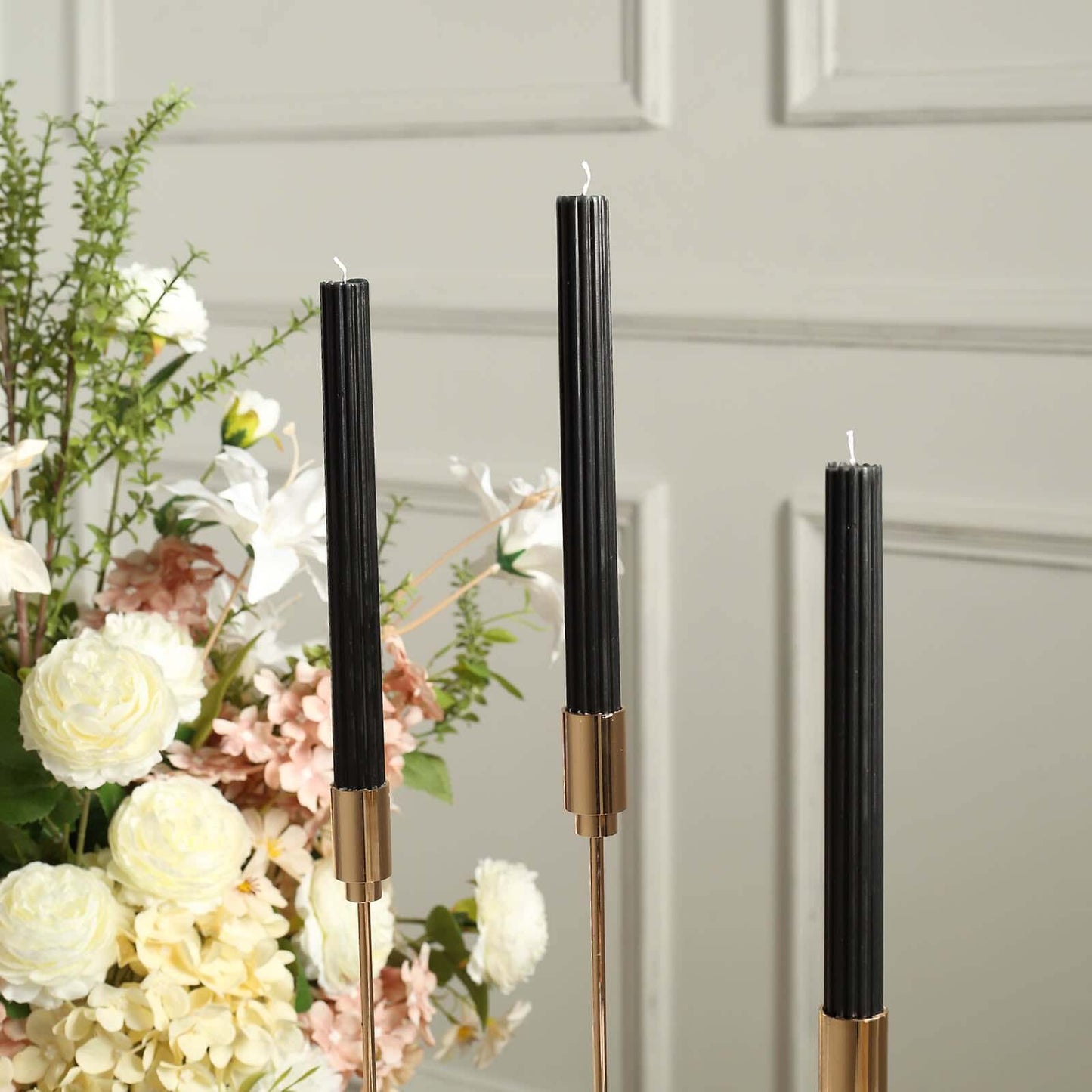 5-Pack Taper Candles Ribbed Wick Ribbon Wax Design Black - Premium Unscented Dinner Candles 9"
