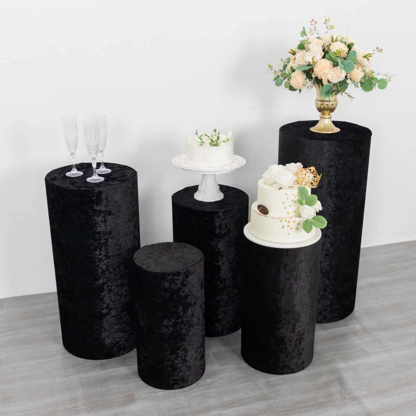 Set of 5 Black Crushed Velvet Cylinder Pedestal Stand Covers, Premium Pillar Prop Covers