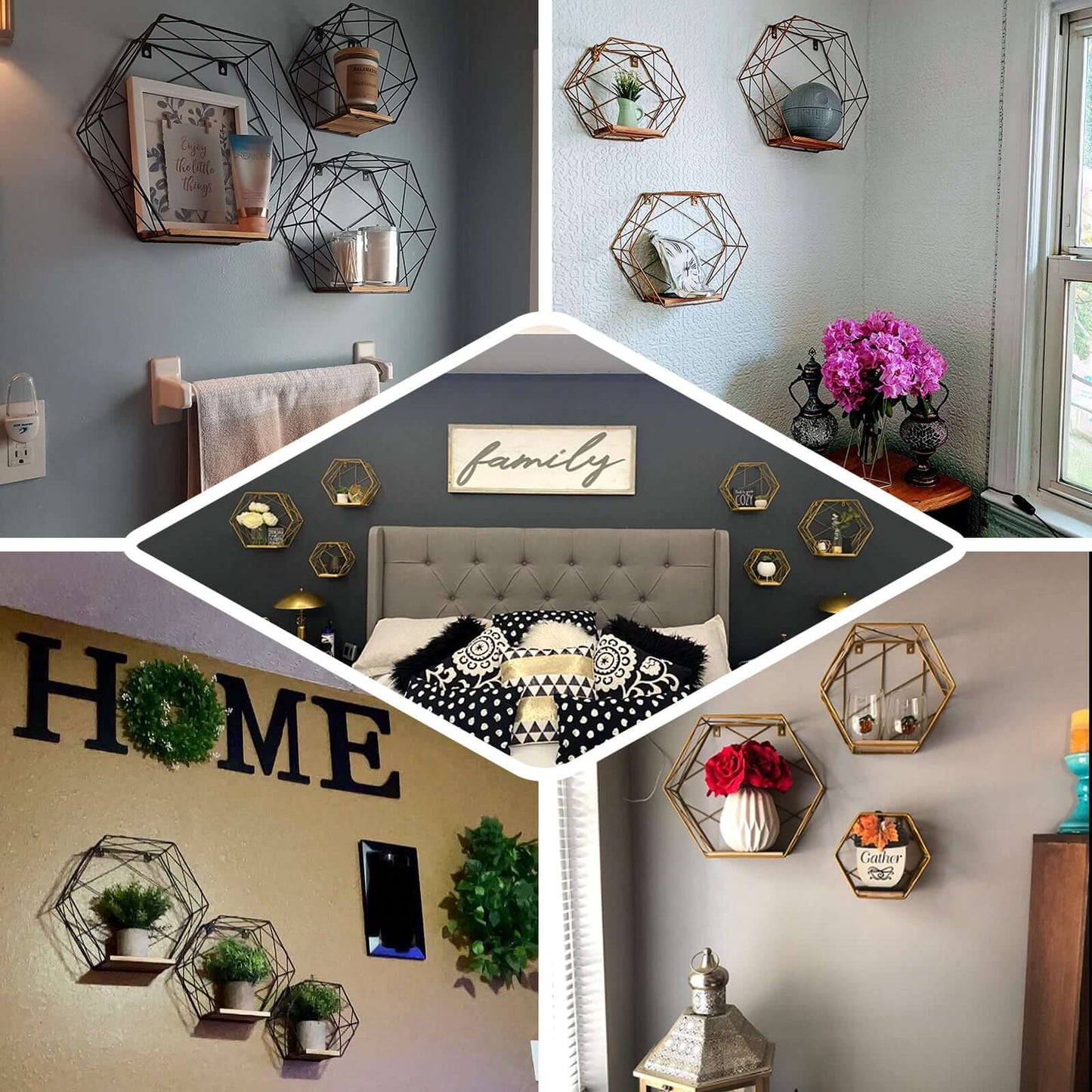 3 Pack Black Hexagonal Floating Wall Shelves, Decorative Geometric Wall Mounted Shelves - 9",12",14"