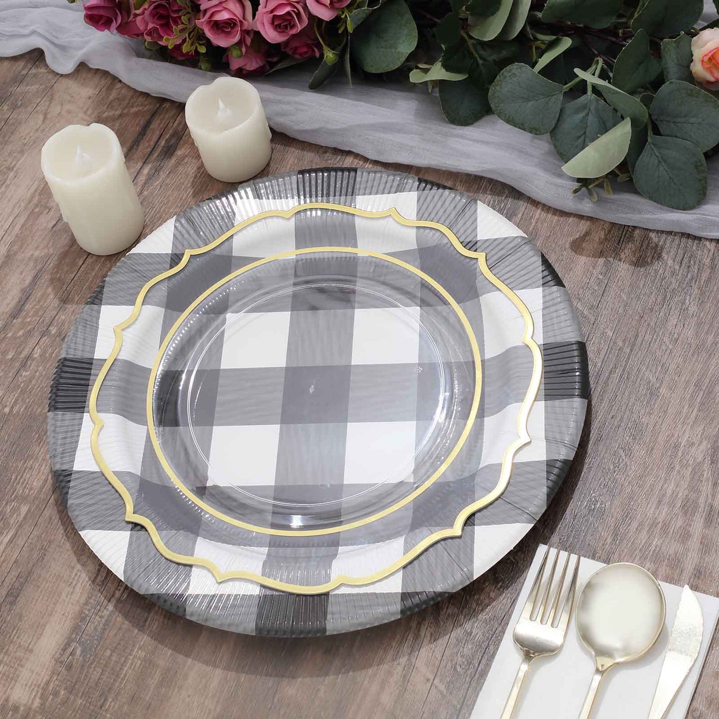 10-Pack Disposable Paper Charger Plates â€“ Black/White Buffalo Plaid 13" Round Table Chargers, 350 GSM Cardstock