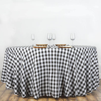 Polyester 120" Round Tablecloth White/Black Seamless - Checkered Buffalo Plaid Design for Stylish Celebrations