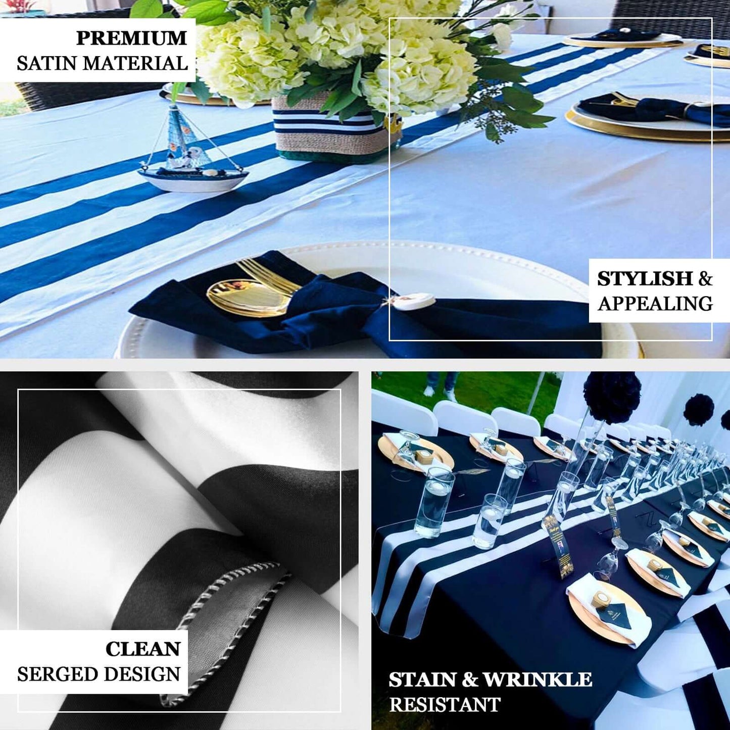 Satin 12"x108" Table Runner Black/White Stripe - Classic & Exquisite Table Decor