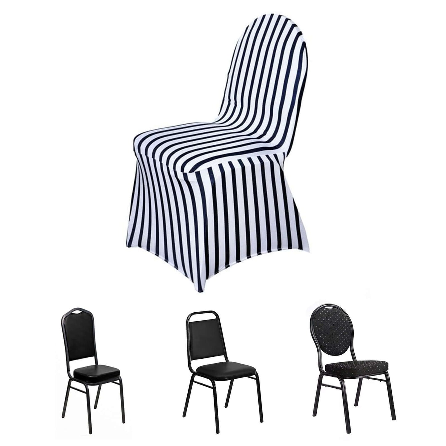 Spandex Chair Cover with Foot Pockets for Banquet Chairs Black/White Striped - Durable Stretch Fitted Slipcover for Weddings & Gatherings