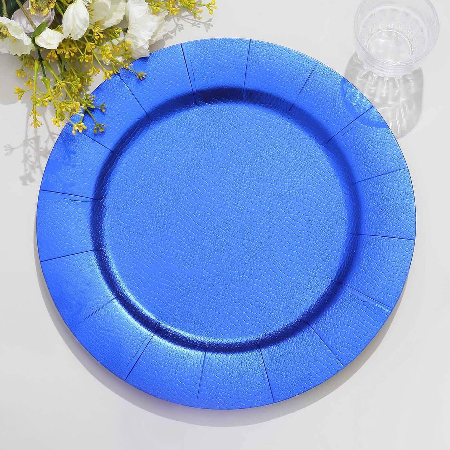 10-Pack Disposable Round Charger Plates in Royal Blue with Leathery Texture - Durable 1100GSM Cardboard Placemats 13"