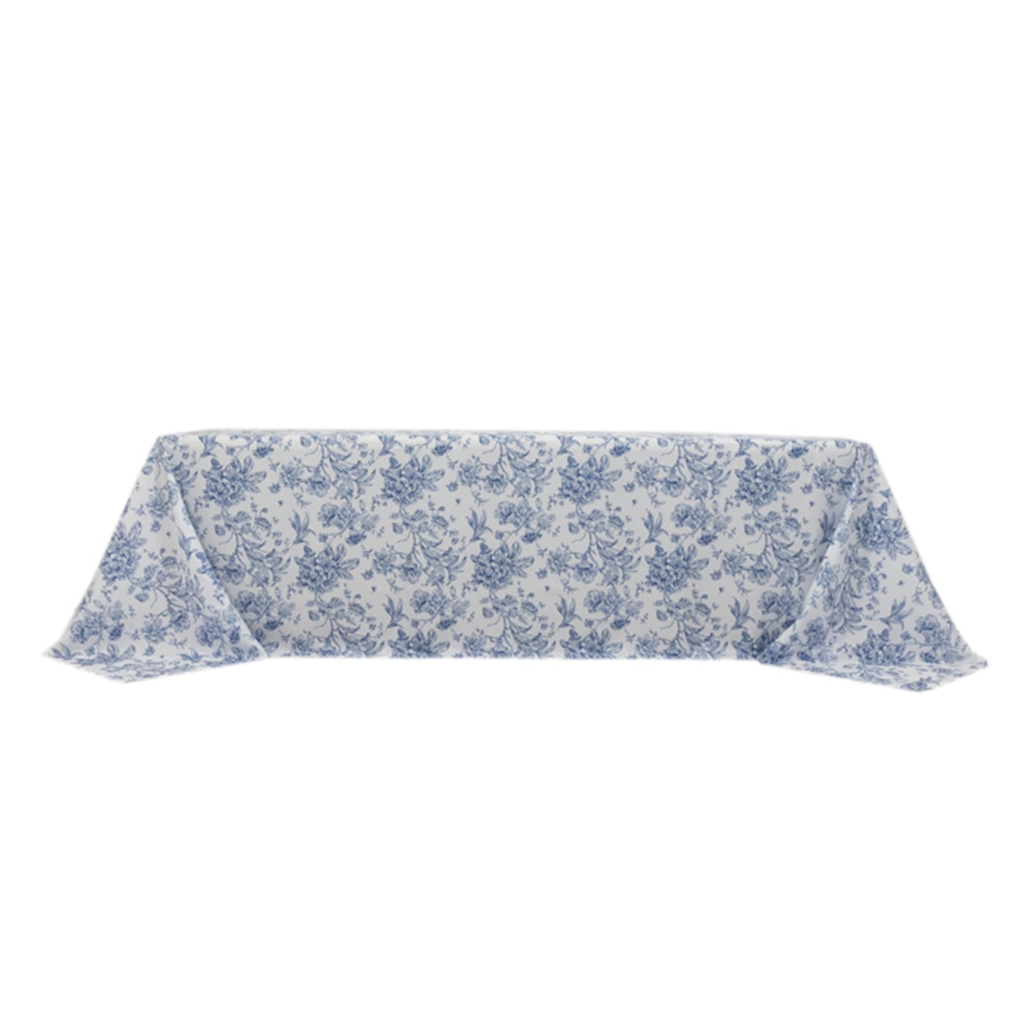 Polyester 90"x156" Rectangle Tablecloth White - Seamless Blue French Toile Pattern for Chic Weddings