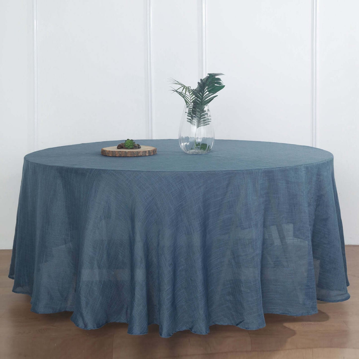 Faux Linen 120" Round Tablecloth Blue - Slubby Texture Wrinkle-Resistant Seamless Table Cover