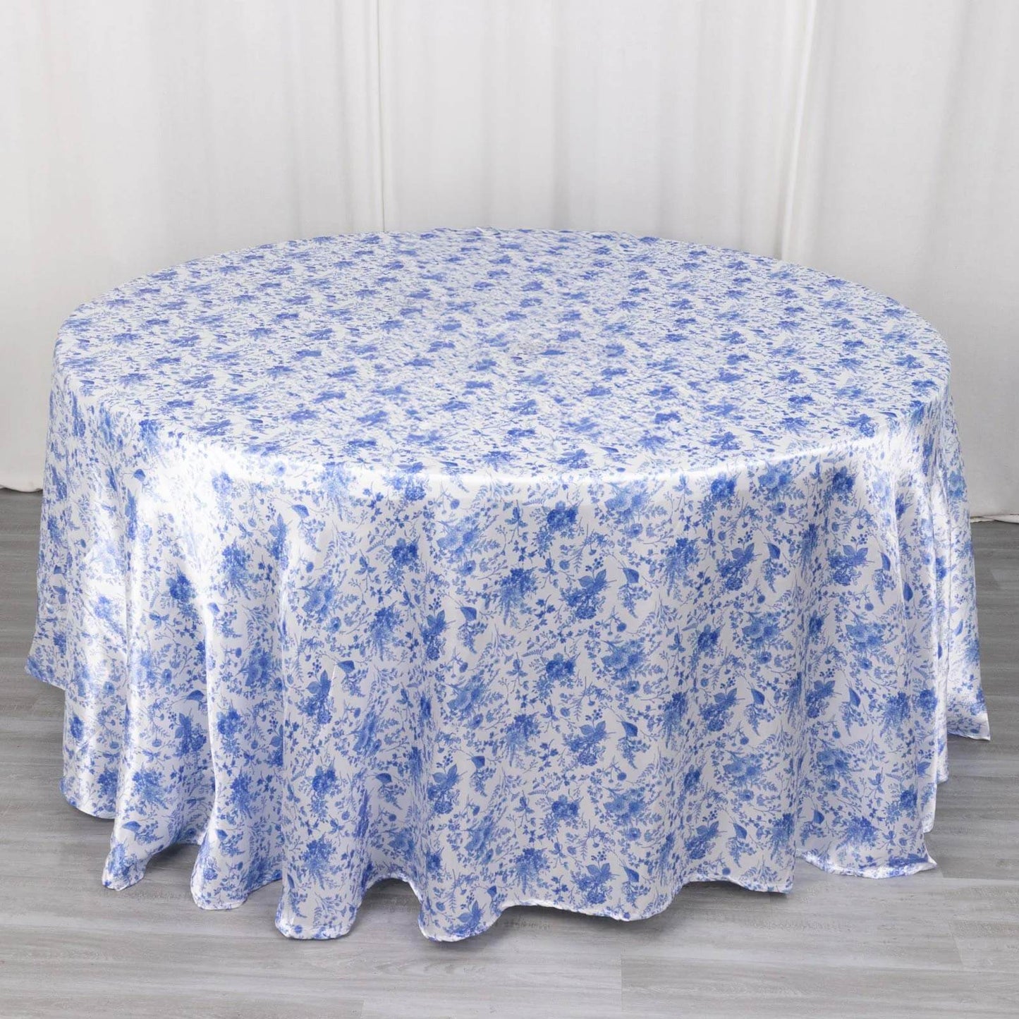 Satin Round 120" Tablecloth White/Blue French Toile Design - Seamless Stylish & Wrinkle-Resistant Table Cover