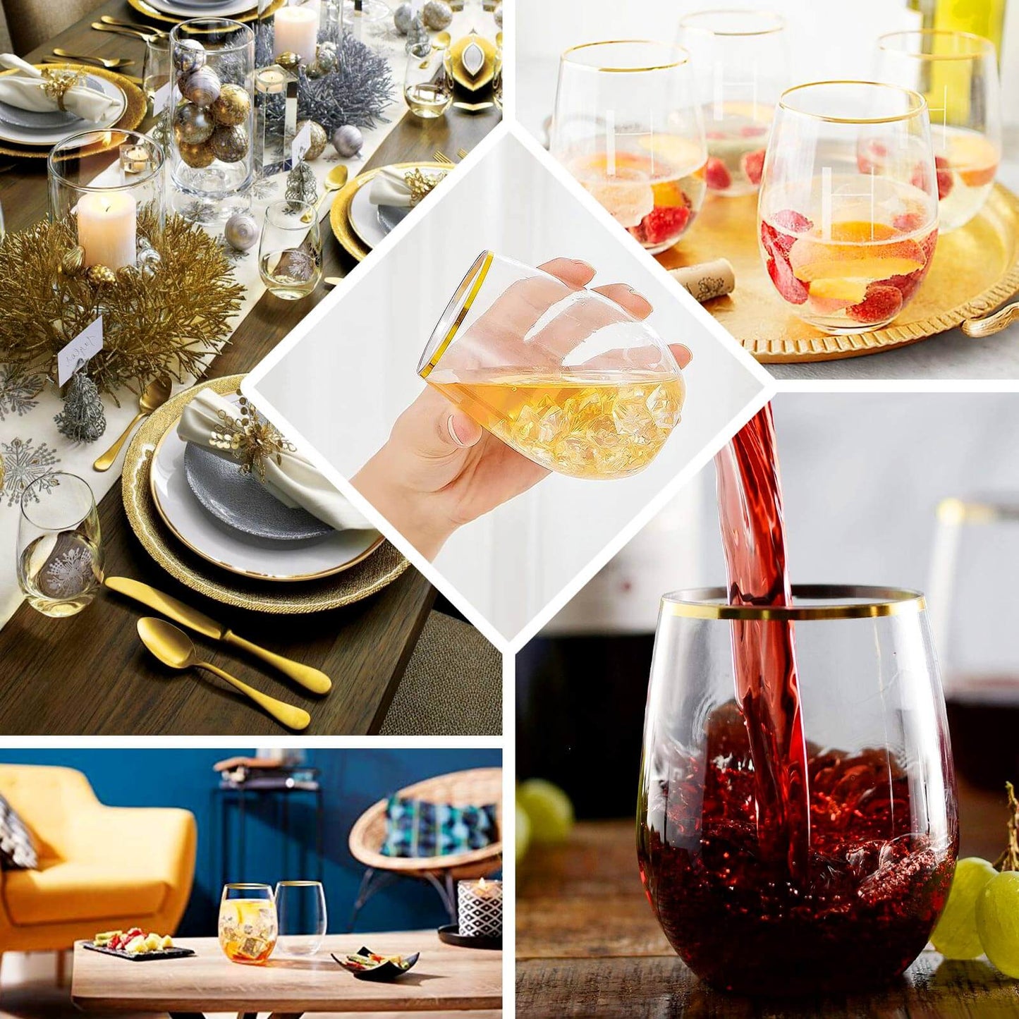 12-Pack Plastic Wine Tumblers Transparent Dusty Sage Green with Gold Rim - Reusable Drinkware 12oz