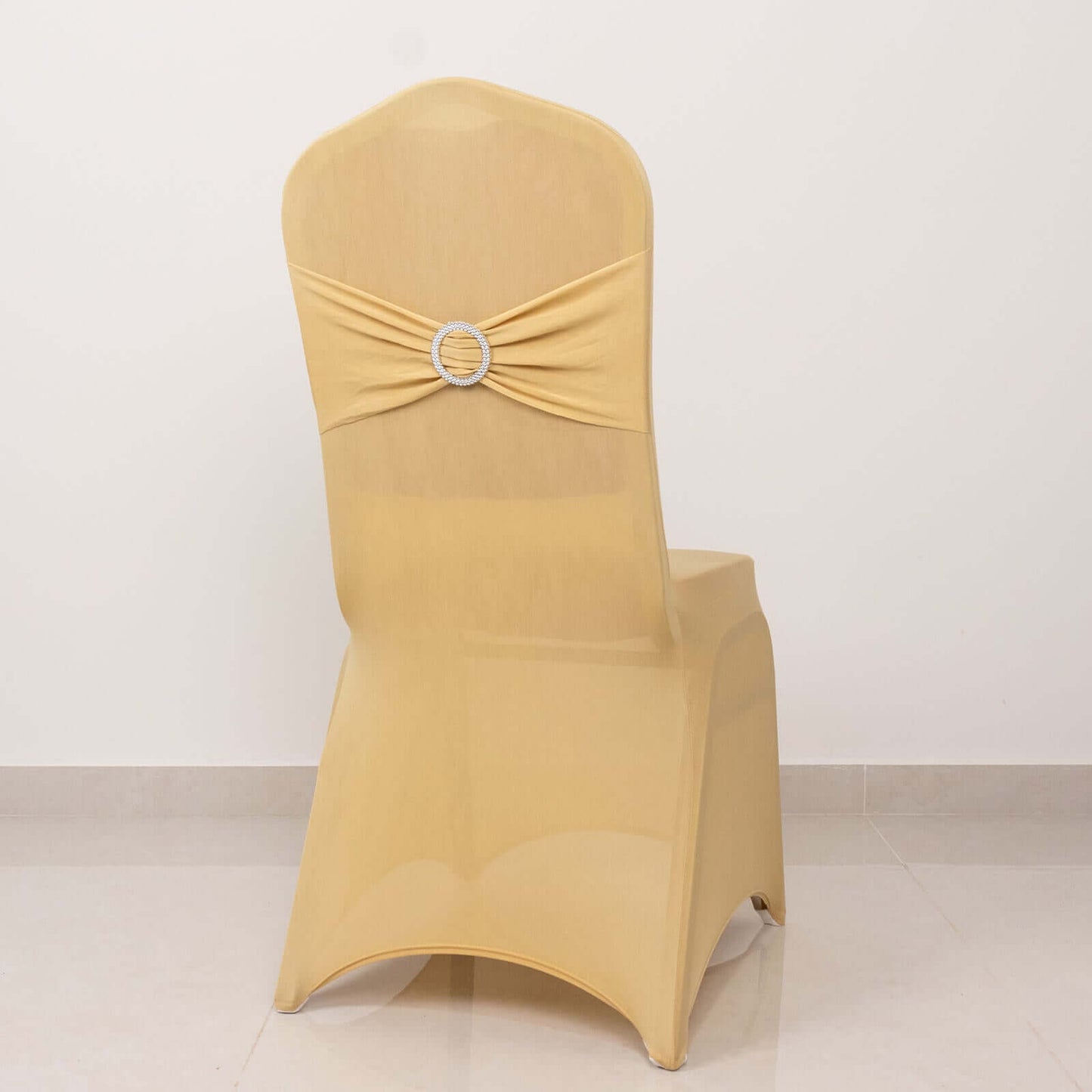 Spandex Chair Cover with Silver Rhinestone Buckled Sash Band Champagne - Stretch Fitted Slipcover
