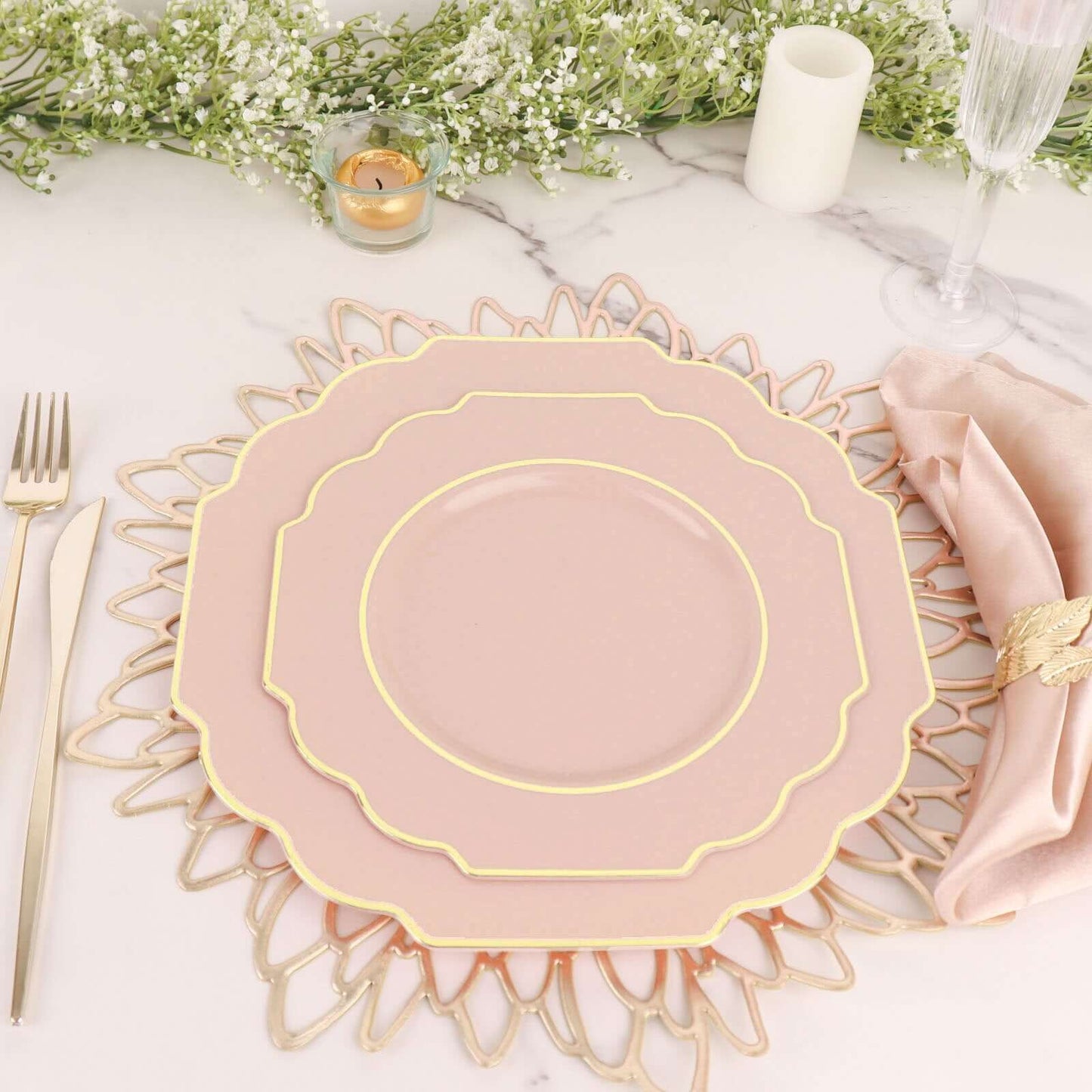 10-Pack Plastic Dinner Plates in Blush Baroque Design with Scalloped Gold Rim - Heavy Duty Disposable Party Plates 11"