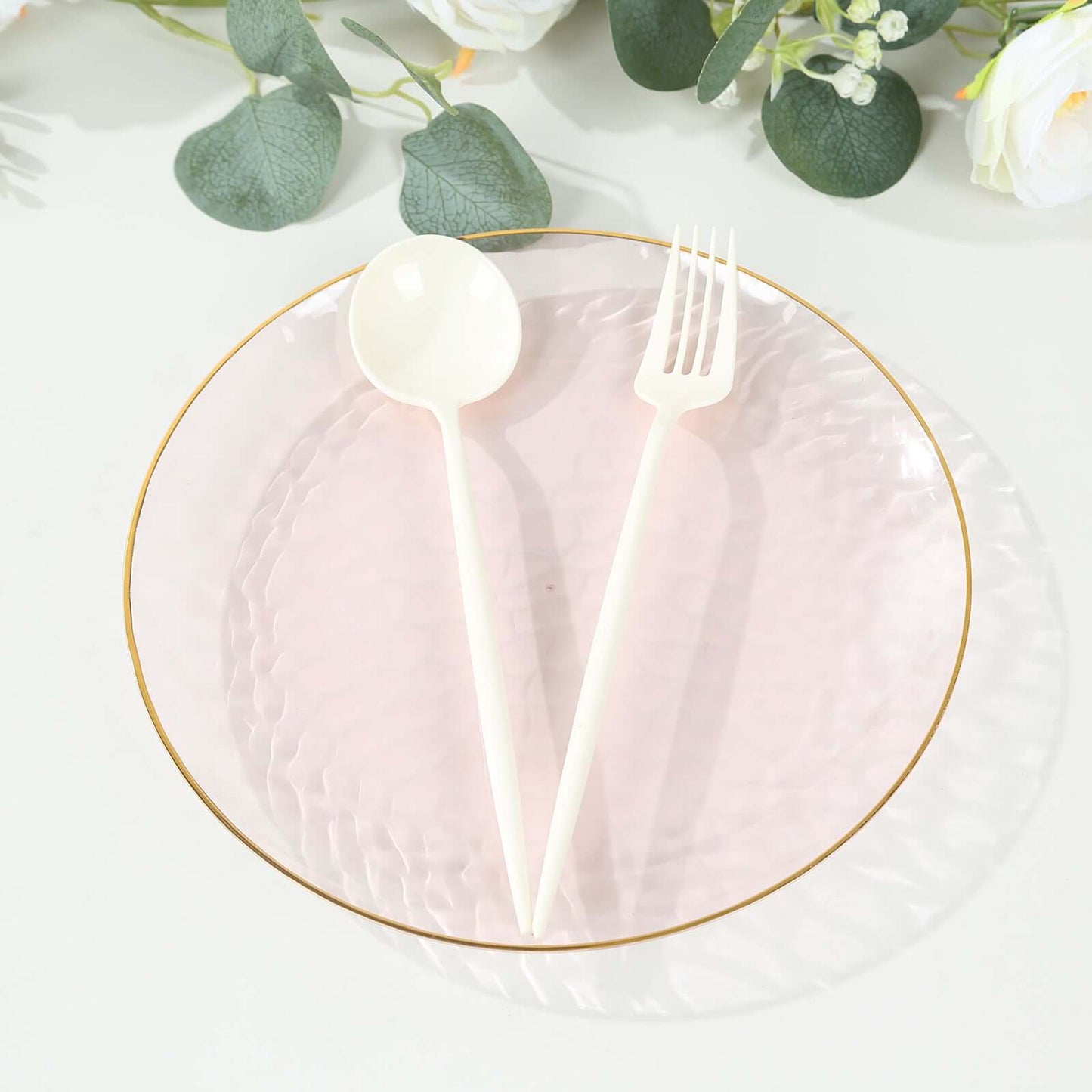 10-Pack Plastic 9" Round Dinner Plates in Transparent Blush Hammered Design with Gold Rim - Modern Disposable Party Plates