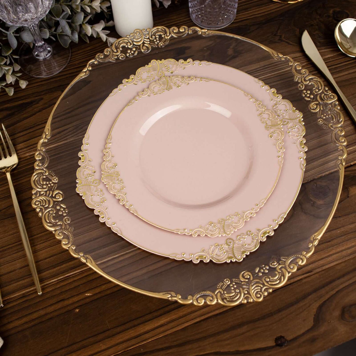 10-Pack Plastic 8" Round Dessert Plates in Blush with Gold Leaf Embossed Rim - Disposable Vintage Baroque Style Salad Plates