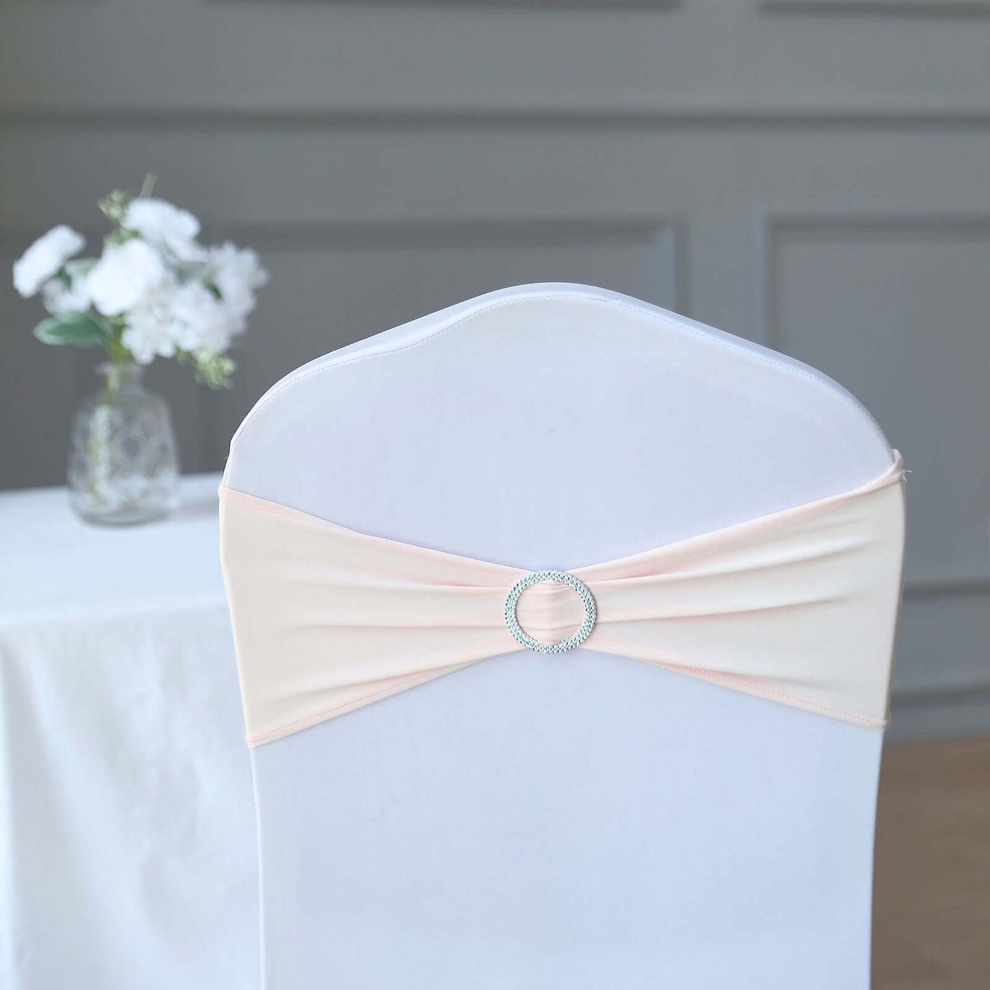 5 Pack Stretch Spandex Chair Sashes Blush - Reusable Chair Bands with Silver Diamond Ring Slide Buckle 5"x14"