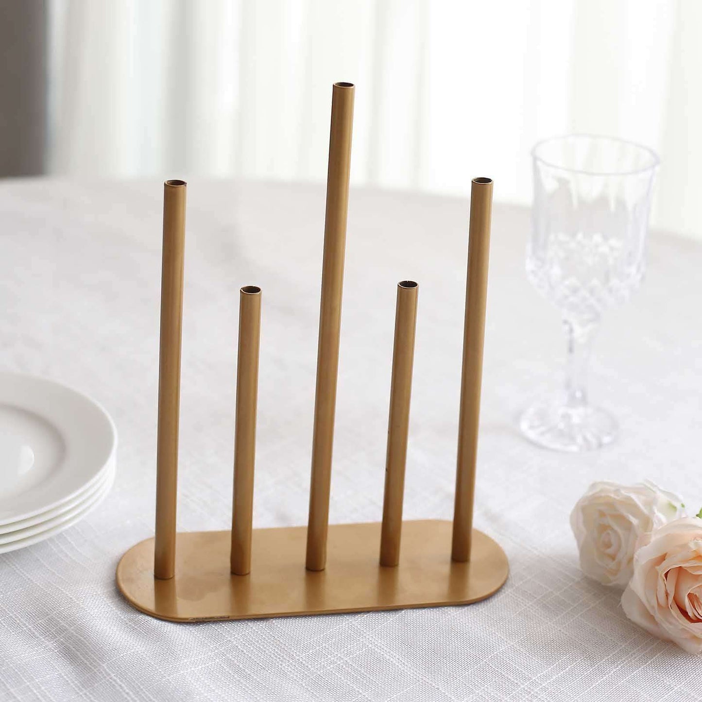 Bud Vase Gold Metal Minimalist Design with 5-Tubes - Single Stem Flower Centerpiece 10"
