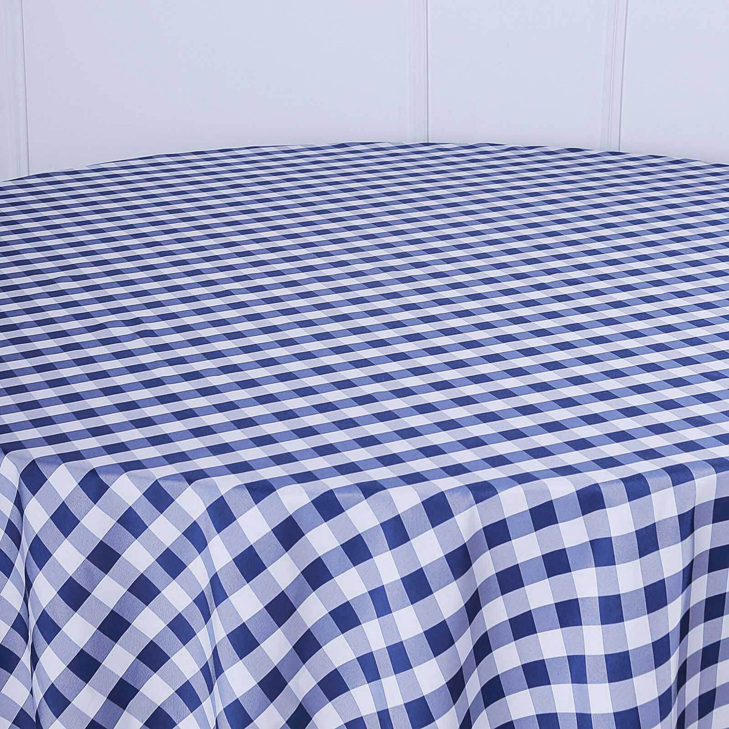 Polyester 108" Round Tablecloth White/Navy Blue - Checkered Buffalo Plaid Table Cover