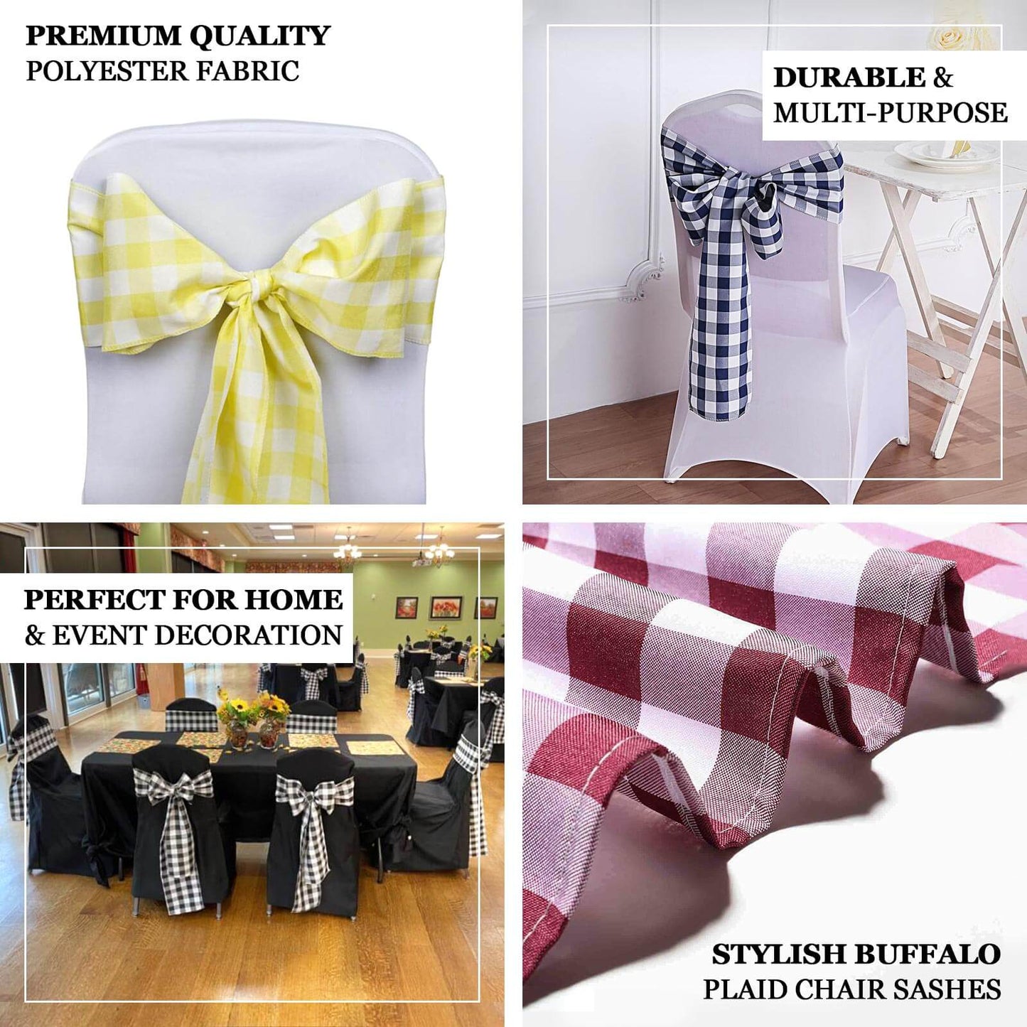 5 Pack Polyester Chair Sashes Black/White Buffalo Plaid - Durable & Reusable Chair Bows for Rustic Farmhouse Party Decor 6"x108"