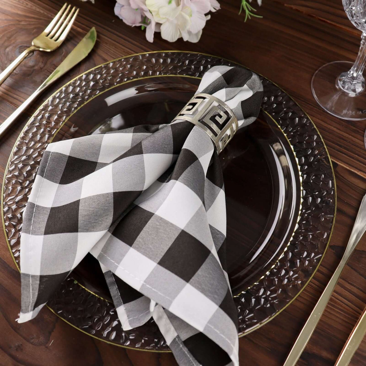 5 Pack Polyester 15"x15" Napkins Black/White Buffalo Plaid Gingham Style Cloth Napkins for Casual & Outdoor Dining