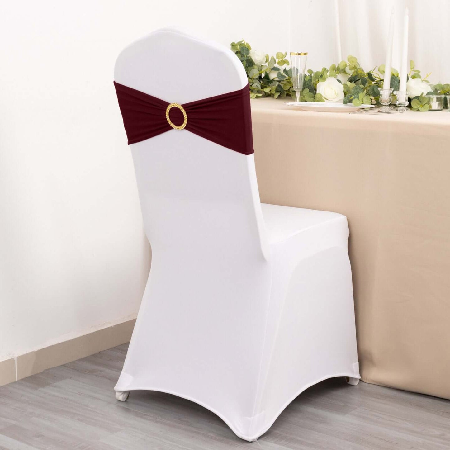 5 Pack Spandex Chair Sashes Burgundy with Gold Rhinestone Buckles - Reusable Four-Way Stretch Sash Bands 5"x14"