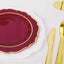 10-Pack Plastic 8" Round Dessert Plates in Burgundy with Gold Scalloped Rim - Disposable Appetizer/Salad Plates