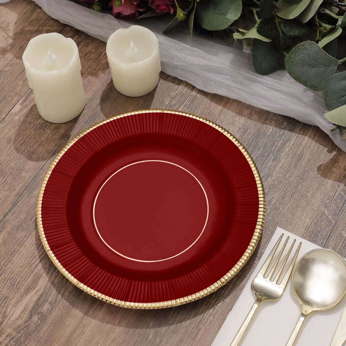 25-Pack Paper 8" Round Dessert Plates in Burgundy Sunray Design with Gold Rim - Disposable Heavy Duty 350GSM Appetizer Salad Plates