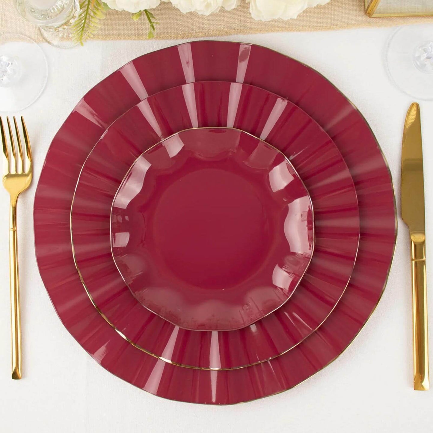 10-Pack Plastic Round 6" Dessert Plates in Burgundy Ruffled Rim with Gold Edging - Sturdy Disposable Salad Appetizer Dinnerware
