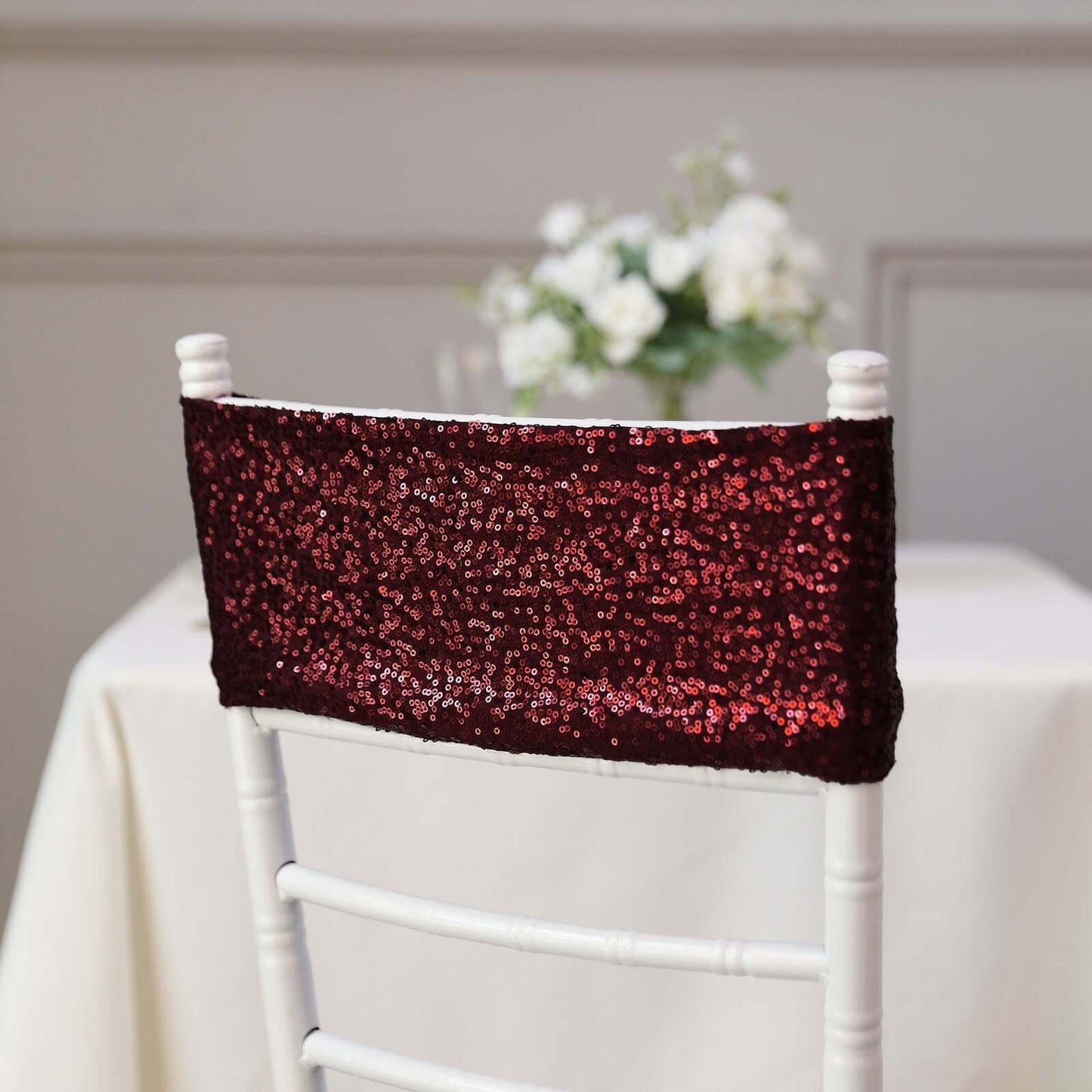 5 Pack Sequin Spandex Chair Sashes Burgundy - Stretch Chair Bands 6"x15"