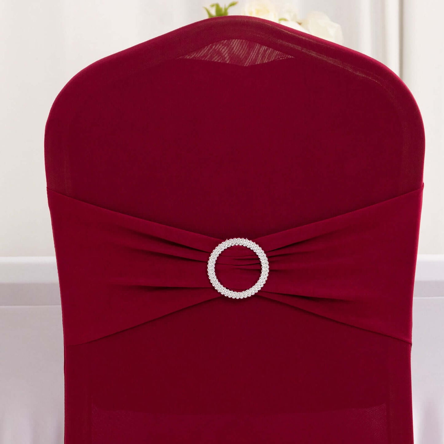 Spandex Chair Cover with Silver Rhinestone Buckled Sash Band Burgundy - Stretch Fitted Slipcover