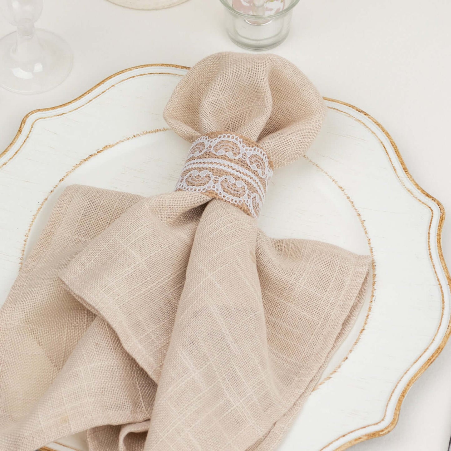 6 Pack Rustic Boho Chic Burlap and Lace Napkin Rings, Farmhouse Style Jute Serviette Buckles Holder