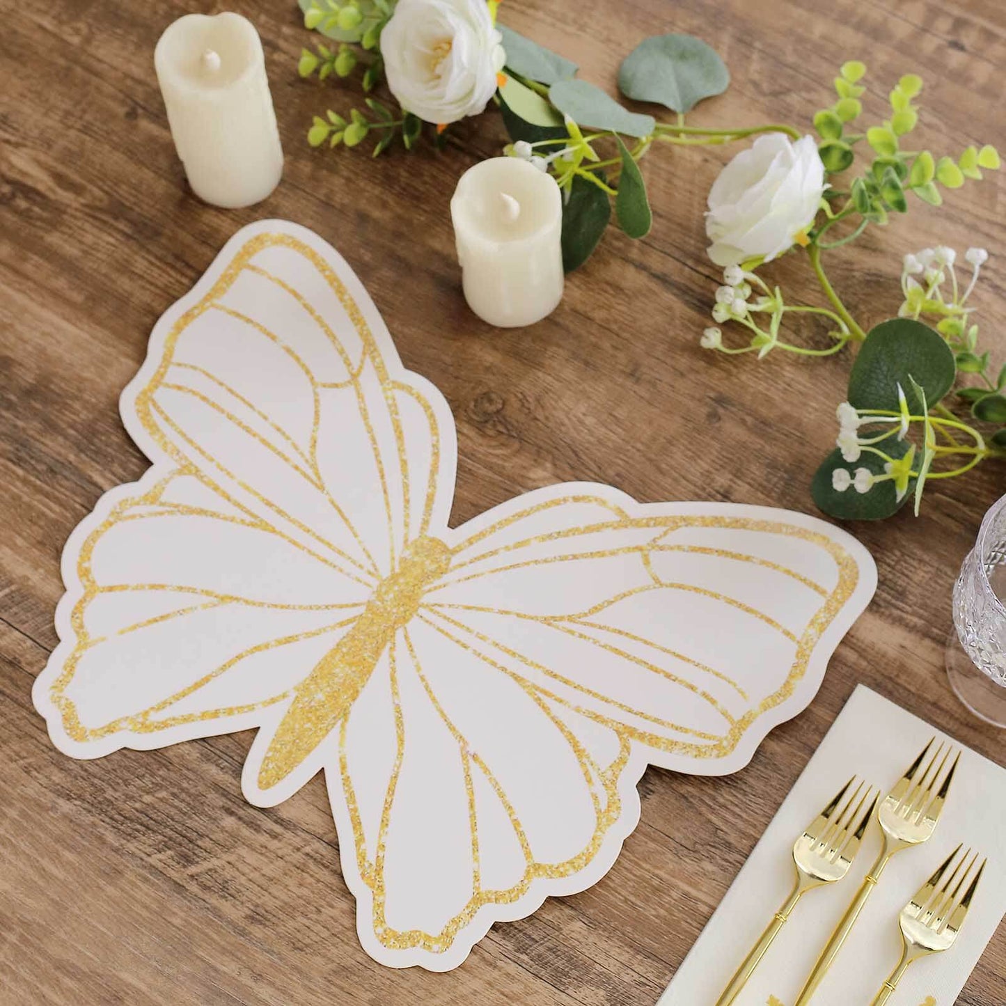 10-Pack Disposable Table Placemats with White Butterfly Design & Gold Glitters - 400GSM Cardboard Placemats for Kids' Parties, Baby Showers & Celebrations 14"