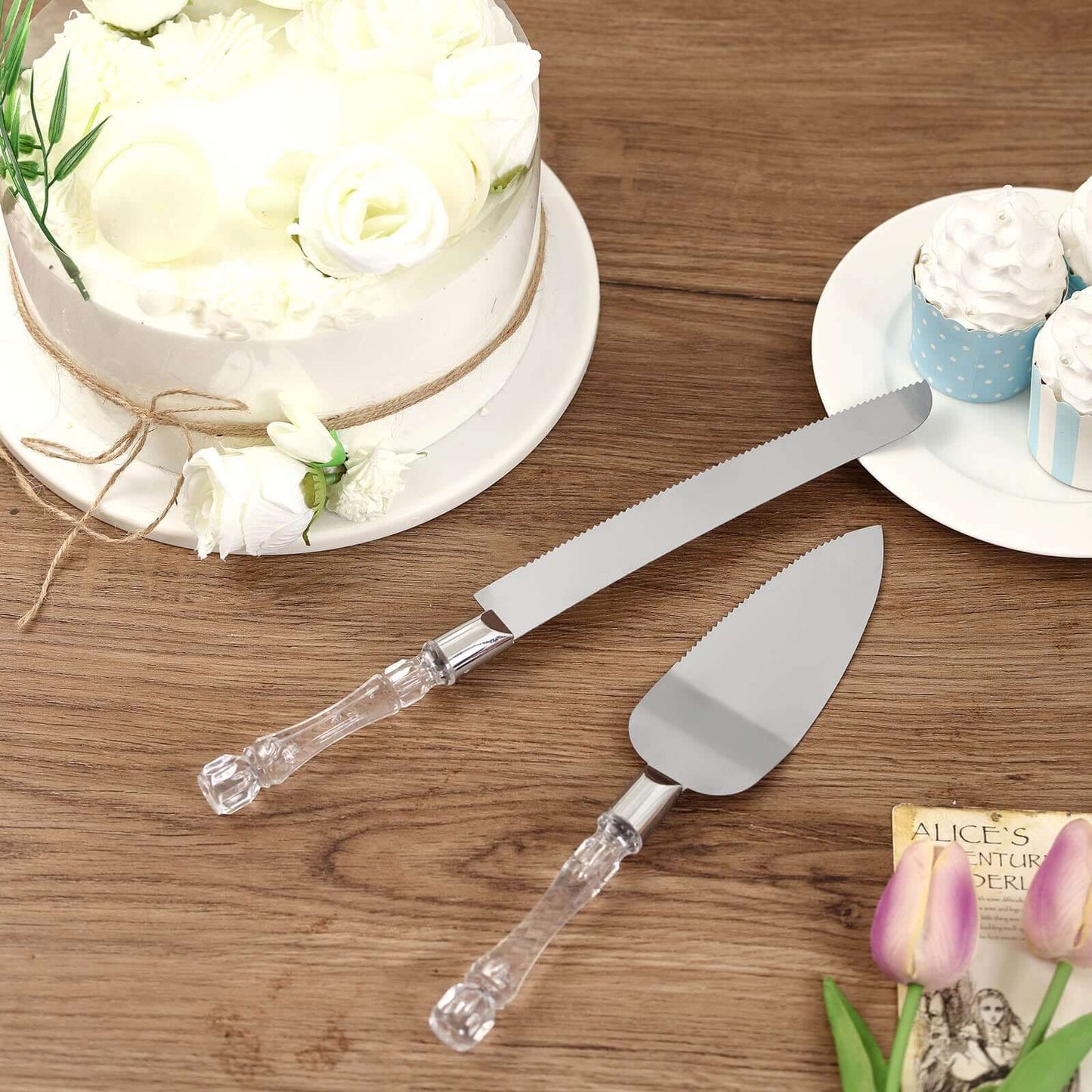2 Set Knife and Server Stainless Steel with Clear Acrylic Handle - Party Favors with Gift Box 10" & 12"