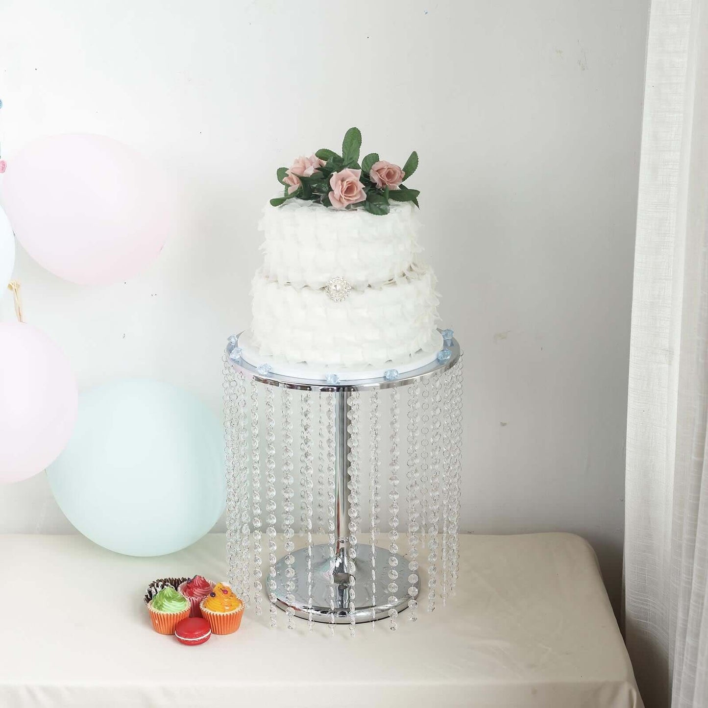 Metal Cake Stand Round Design Metallic Silver with Crystal Chains 14" Dia - Cupcake Dessert Pedestal 16"Tall