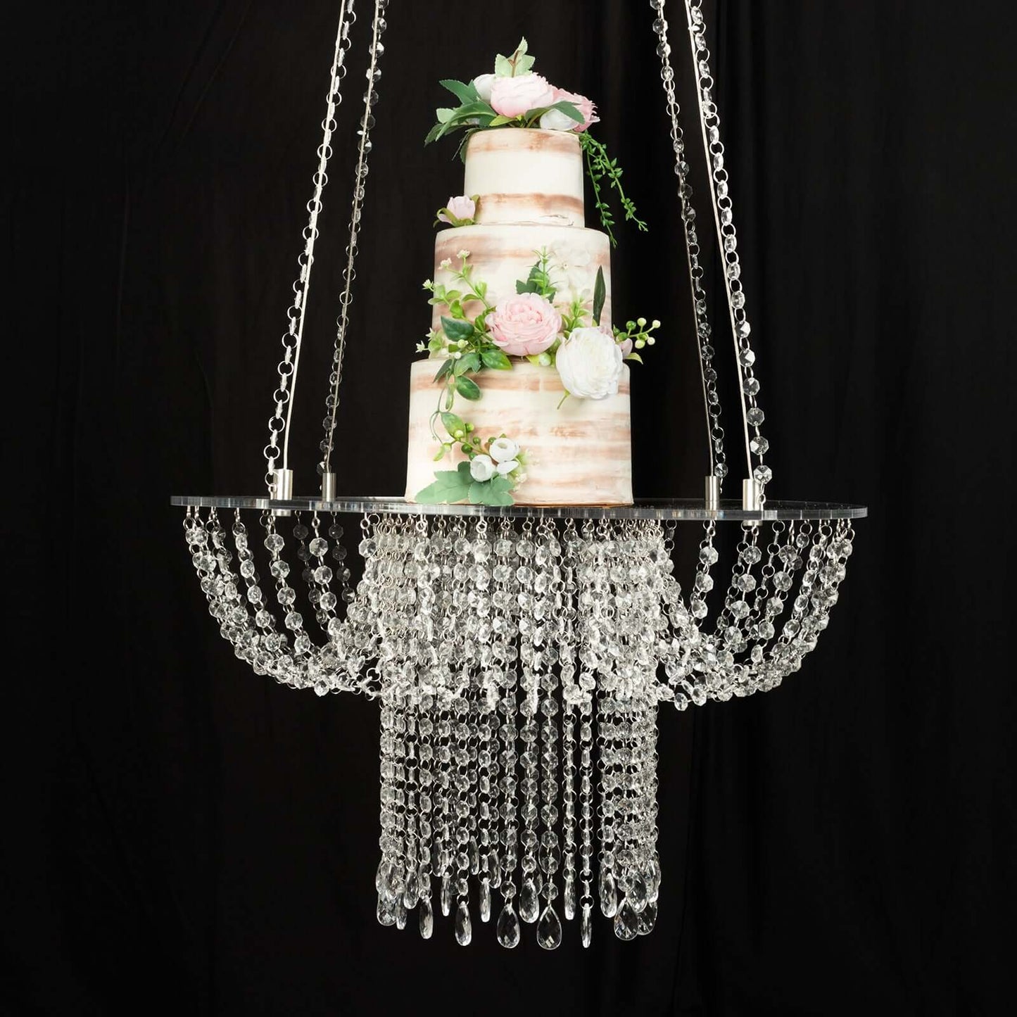 Acrylic Hanging Chandelier Cake Stand with Crystal Drapes - Suspended Round Wedding Cake Swing with 5ft Steel Wire Chains 25"