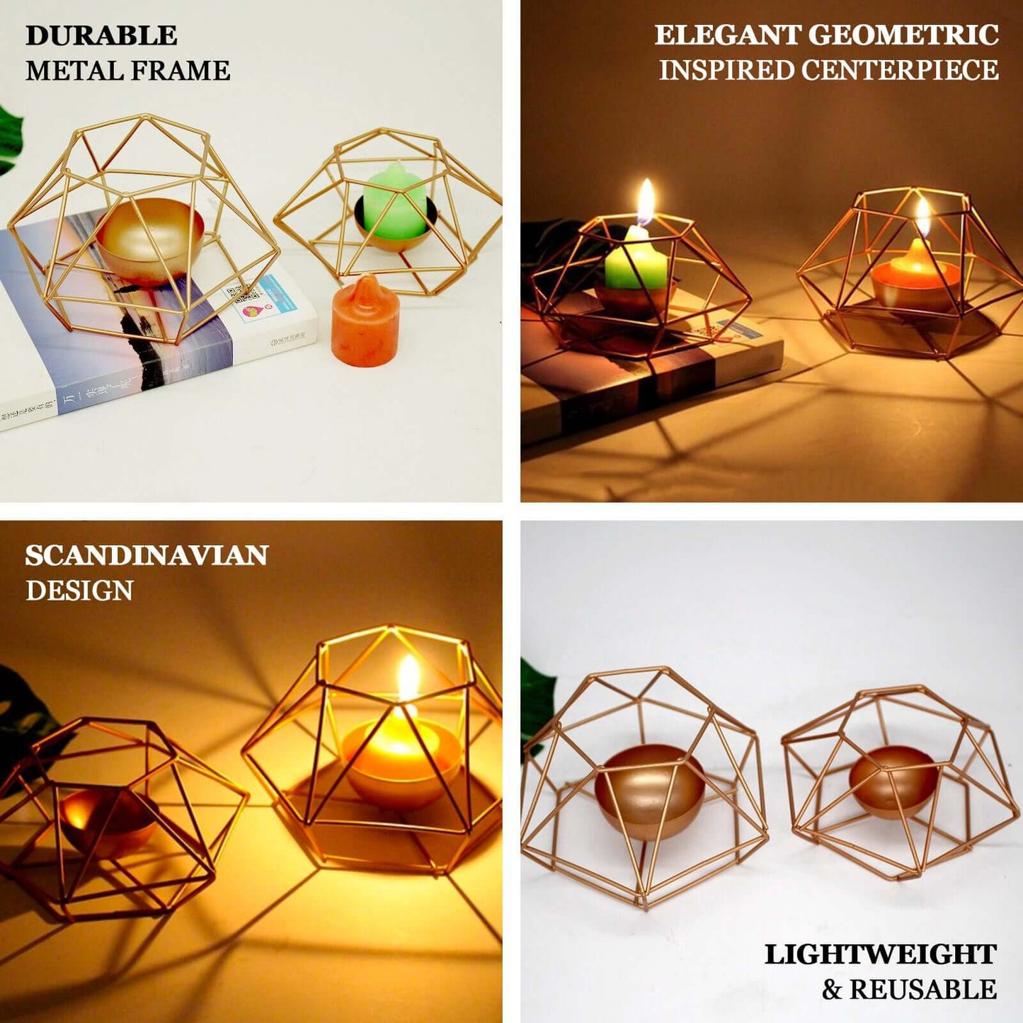 Set of 2 Candle Holders Metal Hexagon Geometric Design Gold - Modern Decorative Centerpieces for Tables 4"x3"