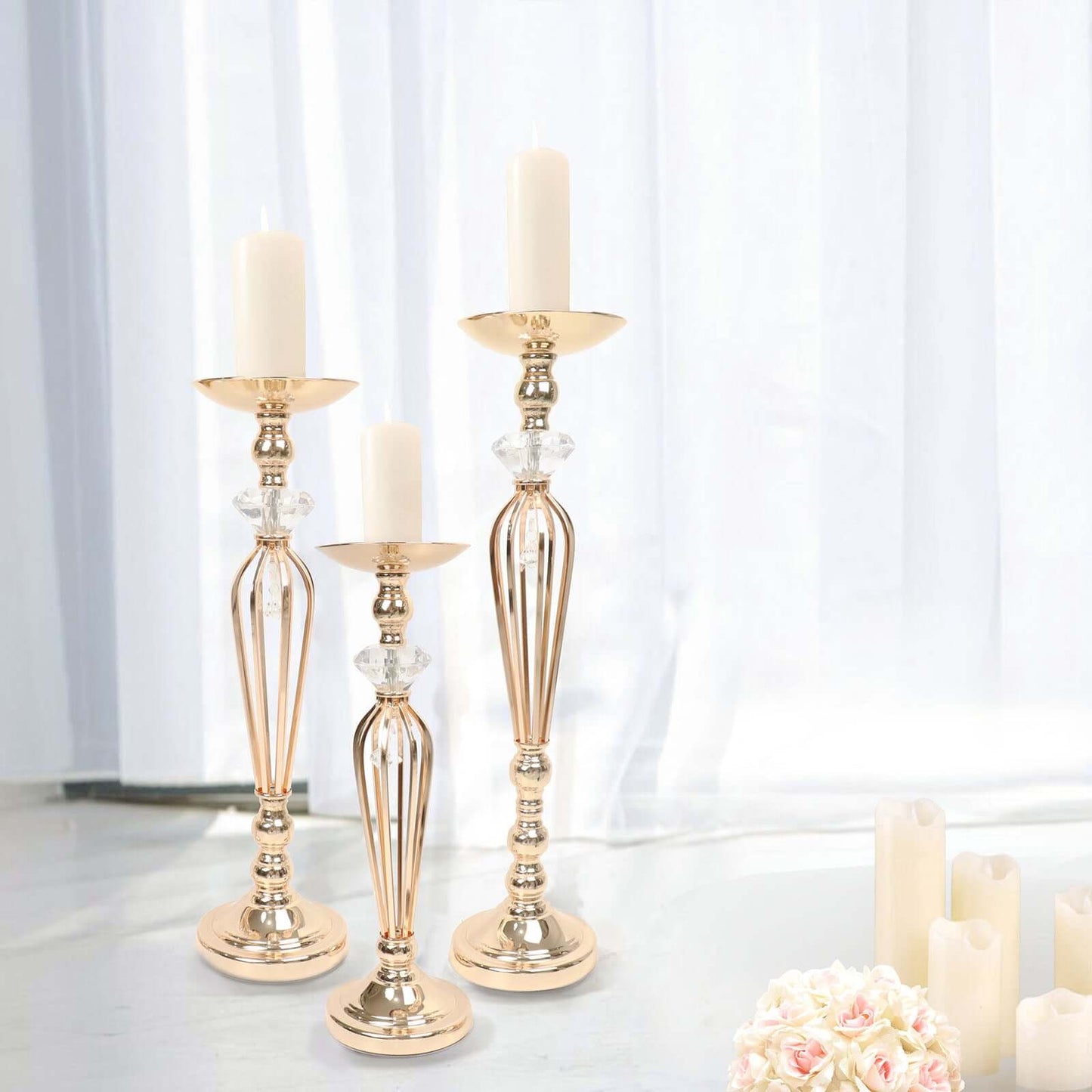 Set of 3 Metal Pedestal Stands with Crystal Ball Flower Bowl Design Gold - Pillar Candle Holders 20", 23", 25"
