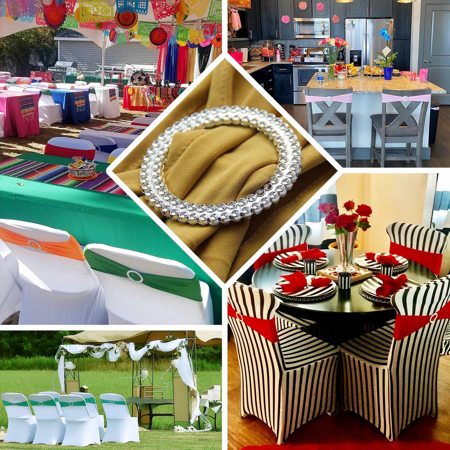 5 Pack Stretch Spandex Chair Sashes Orange - Reusable Chair Bands with Silver Diamond Ring Slide Buckle 5"x14"