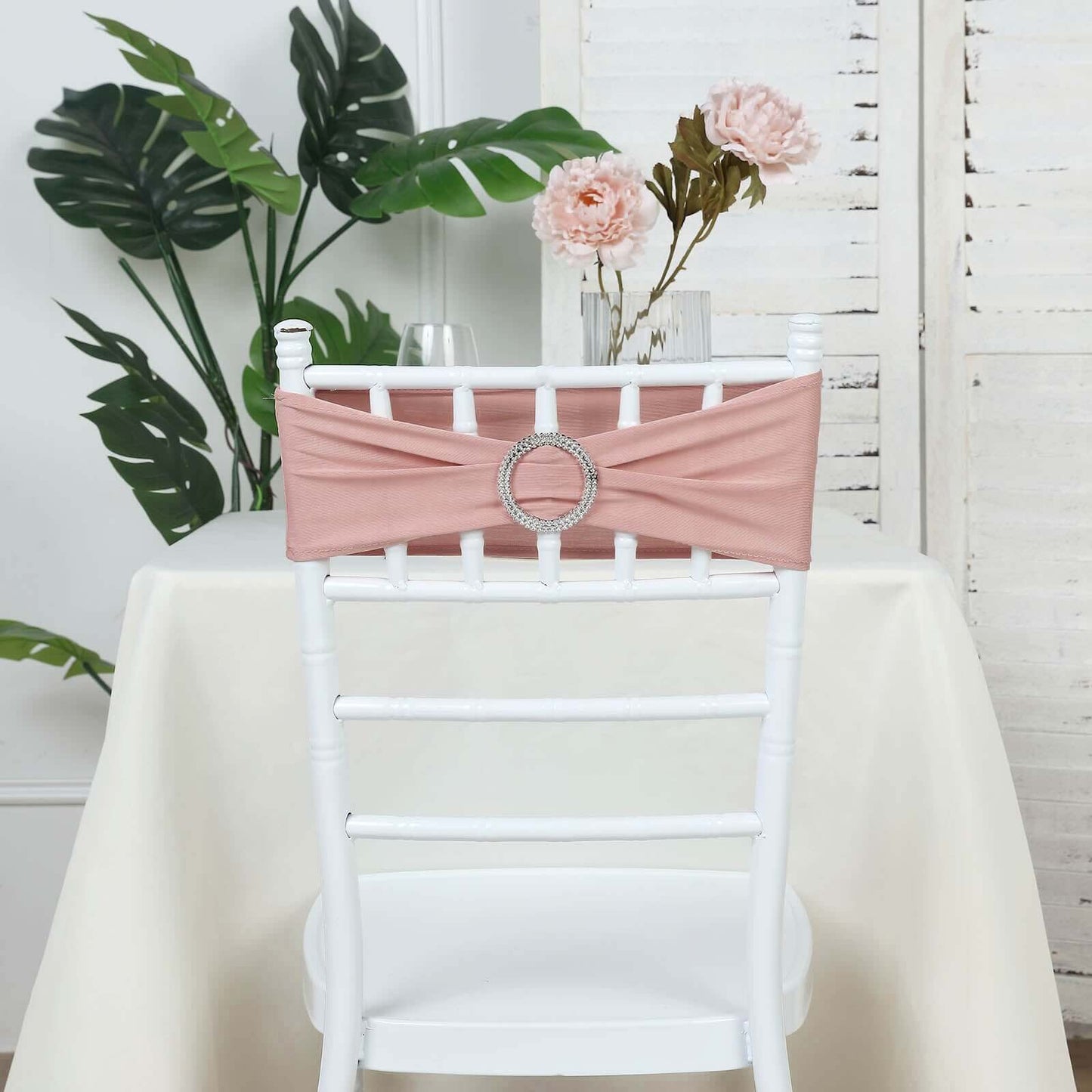 5 Pack Stretch Spandex Chair Sashes Dusty Rose - Reusable Chair Bands with Silver Diamond Ring Slide Buckle 5"x14"