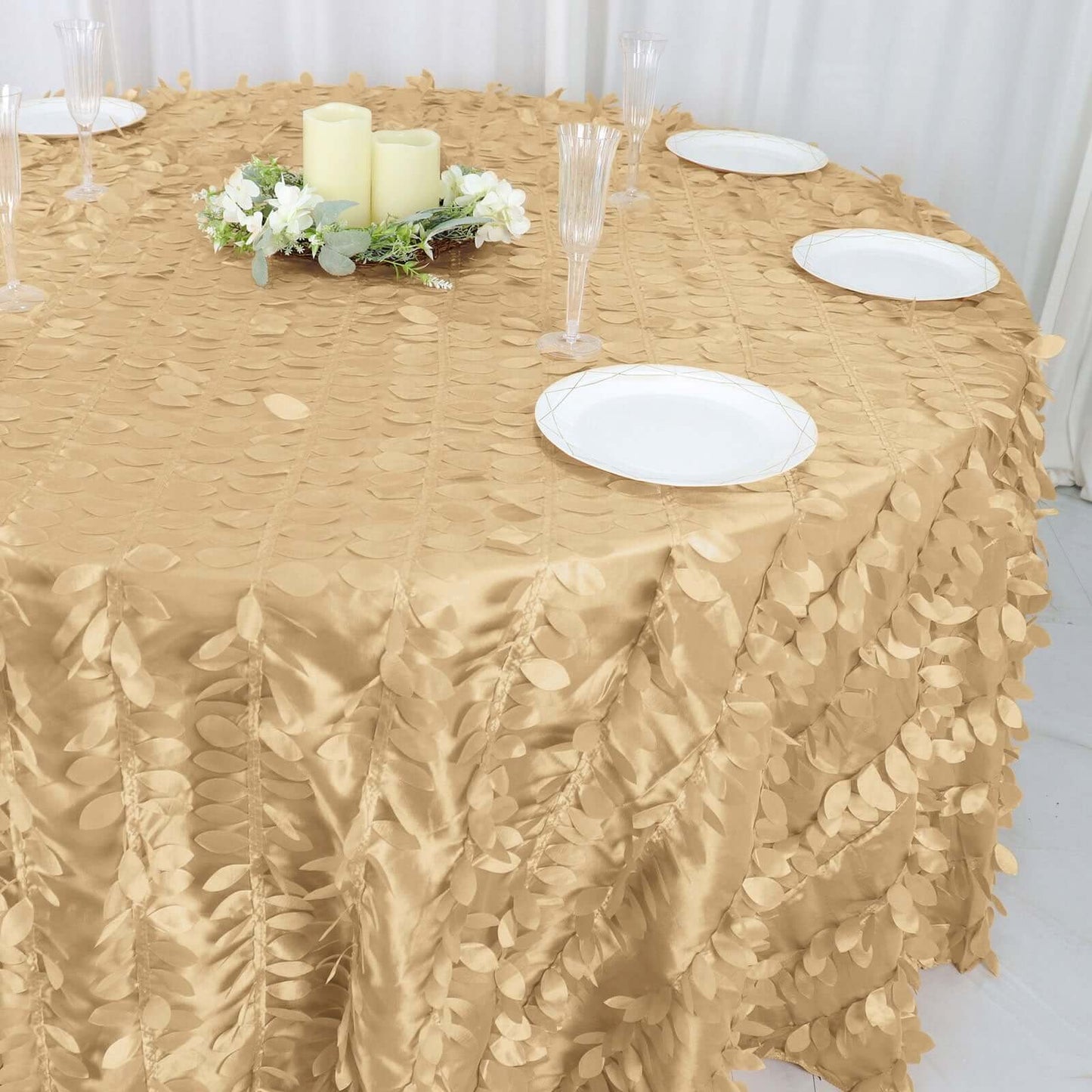 Taffeta 132" Round Tablecloth Champagne | 3D Leaf Petal Design Seamless Table Cover