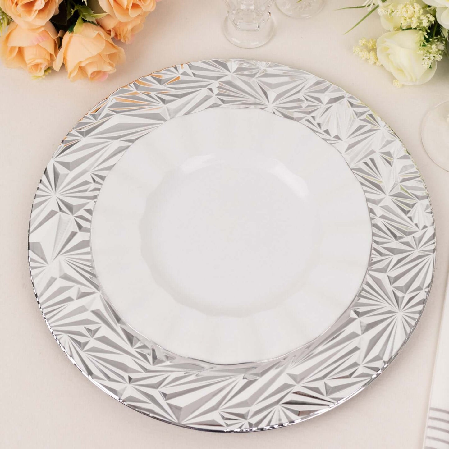 6-Pack Acrylic Round Charger Plates 13" in Metallic Silver with Rock Cut Design, Durable Plastic Dinner Charger Tableware